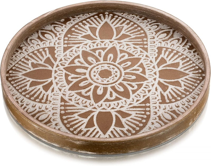 Hanobe Round Decorative Tray for Centerpiece: Boho Coffee Table Trays for Home Decor - Farmhouse Wood Serving Platter Rustic Circle Bohemian for Kitchen Counter Women - Image 1
